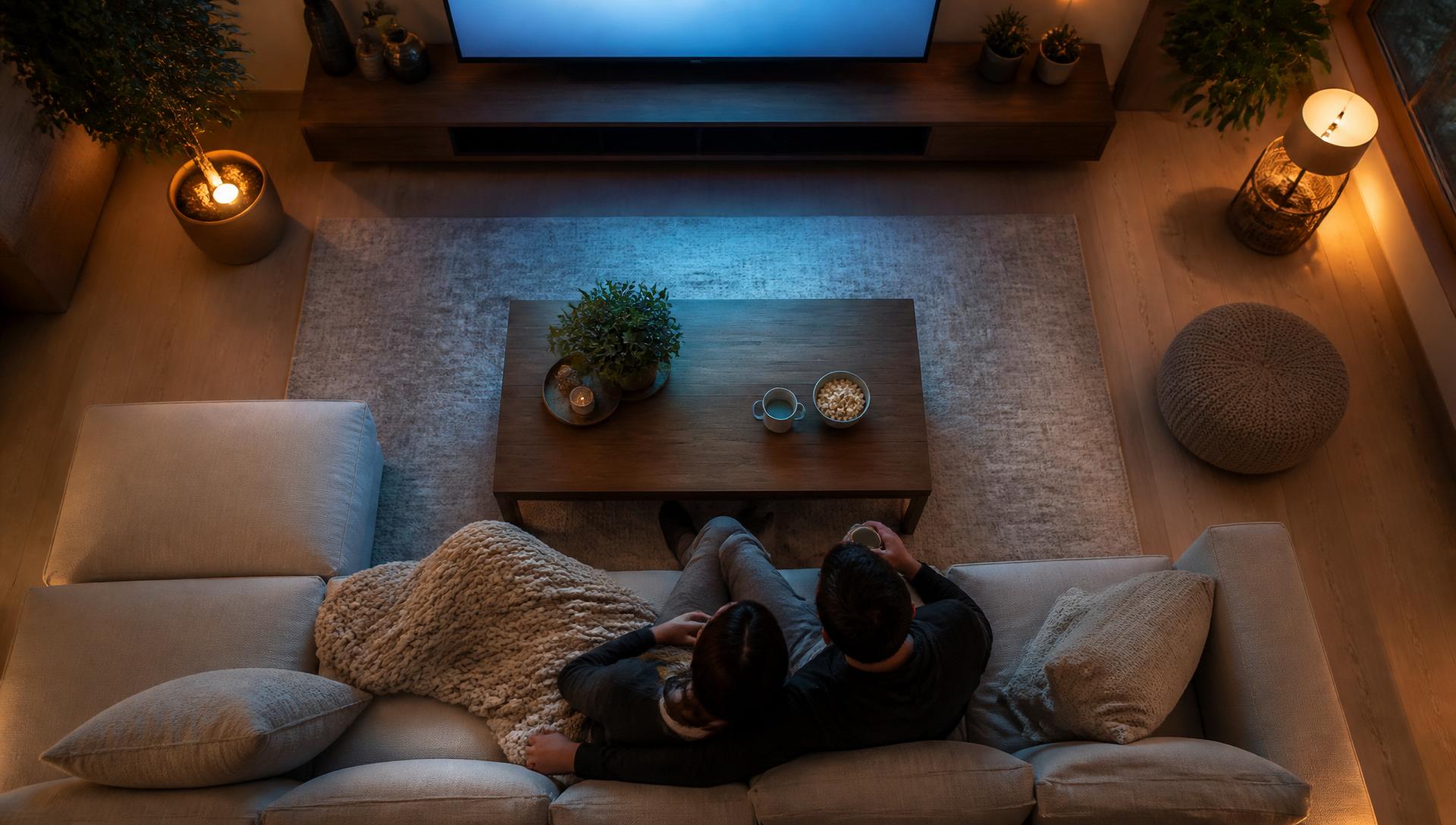 Overhead view of a couple watching TV together at home